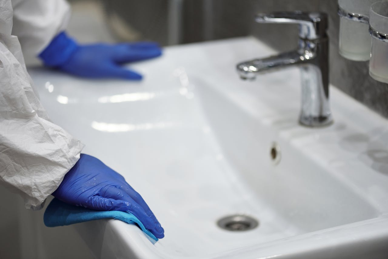 Close-up of a gloved professional cleaning a sink for sanitation.